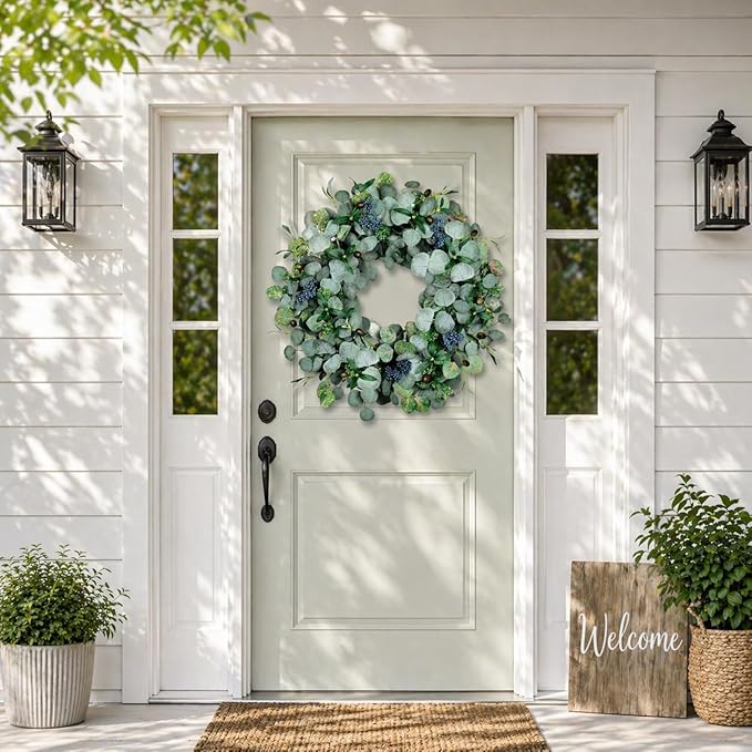 Eucalyptus Wreath for Front Door, COLORSPEC 24 Inch Eucalyptus Wreath with Olive Leaves and Berries All Year Round, Handmade Green Spring Summer Wreaths for Front Door Indoor Outdoor Wedding Holiday