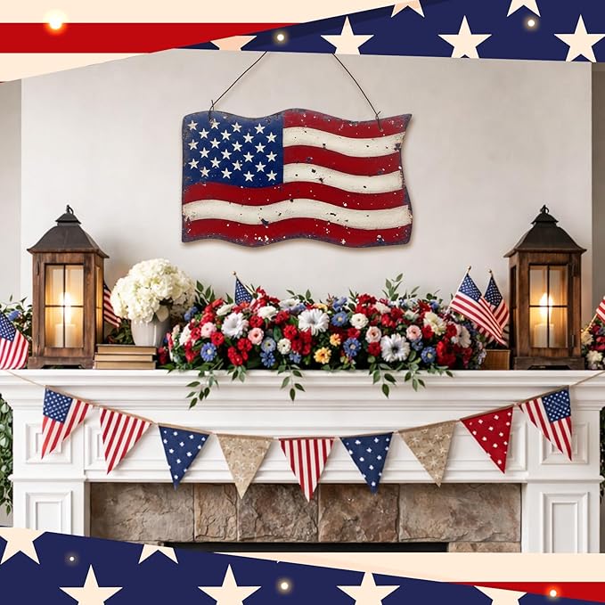 MorningRo Metal Patriotic American Flag Wreath for Front Door Vintage Red White Blue American Flag 4th of July Wall Art Sign Rustic 250 Anniversary Independence Day Hanging Plaque for Porch Outdoor