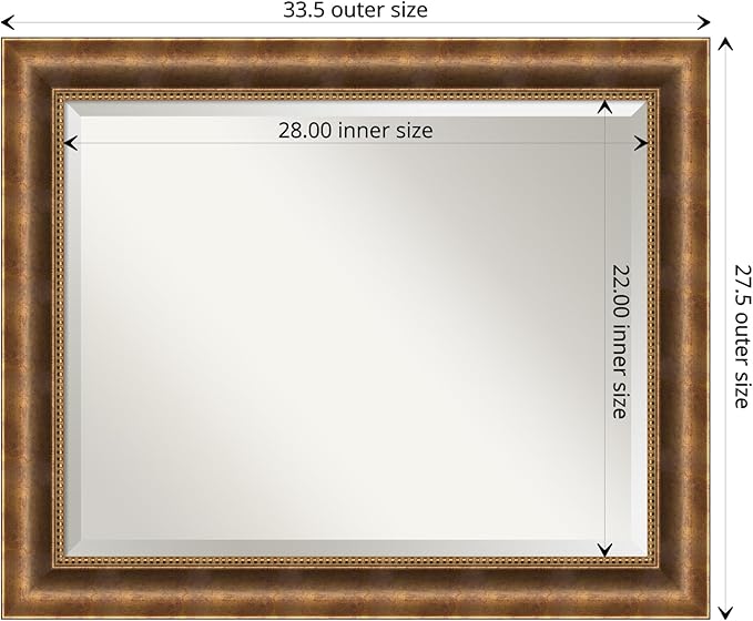 Amanti Art Bronze Wall Mirror 27x33 Manhattan Bronze Rectangle Bathroom Mirror for Wall Decor Living Room, Large Traditional Wood Frame, Hangs Horizonally and Vertically, Bathroom Decor, Beveled Edge