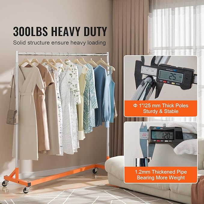 VEVOR Z Rack, 300 lbs Industrial Grade Z Base Garment Rack, 24" x 63" x 71" Clothes Rack, Sturdy Steel Heavy Duty Clothing Rack w/Lockable Casters for Home Garment Store Orange