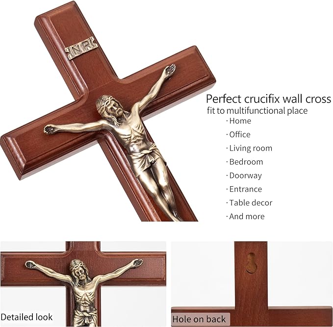 ARCHOBAN Crucifix Wall Cross Catholic, 12 Inch Wooden Cross with Jesus Christ for Home Decor - Brown + Antique Brass
