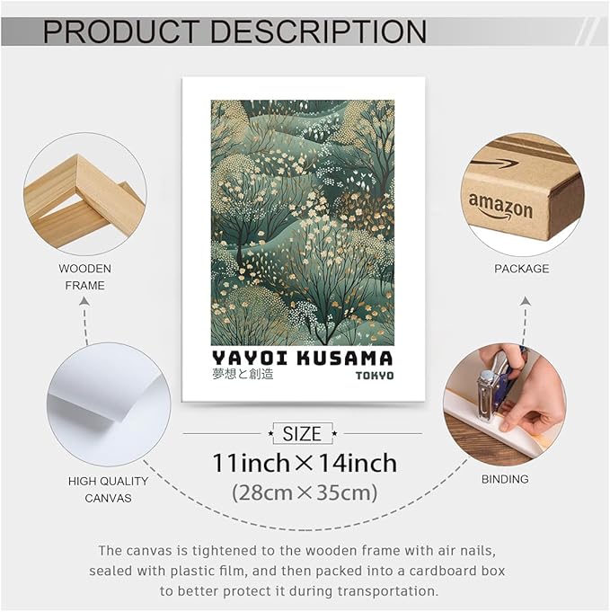 Yayoi Kusama Inspired Poster Japanese Botanical Wall Art Abstract Yayoi Kusama Print Modern Ukiyo-e Japanese Gallery Wall Decor 11x14in Framed for Home Bedroom Decorations
