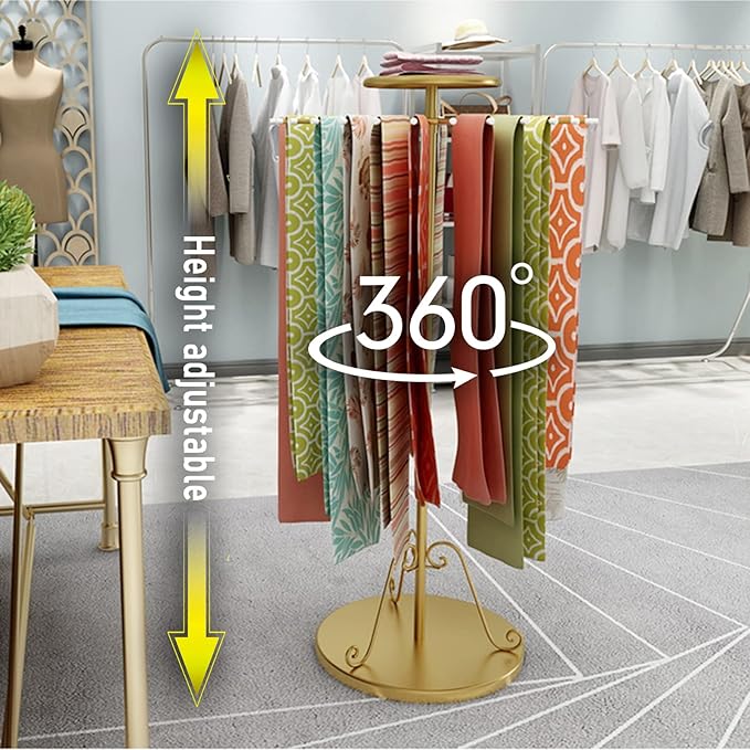 Freestanding Scarf Display Stand with 30 Rods, Pivoting Round Rack, Height Adjustable Scarf Holder Organizer for Boutique & Home