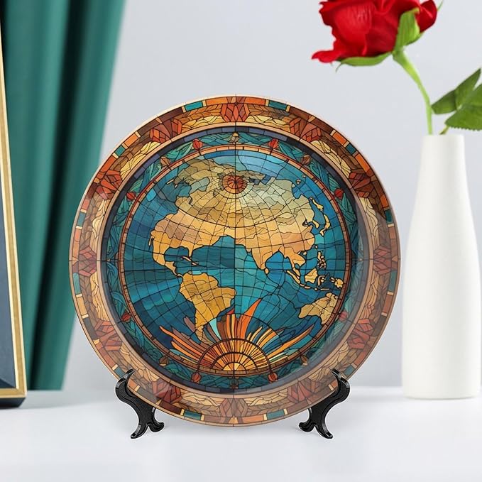 Decorative Plate for Home, Vintage Map of The World Stained Glass Print Tray for Table Display, Ceramic Dinner Plate Living Room Decor, Gifts for Adventure Lover Wanderlust, 10 Inch