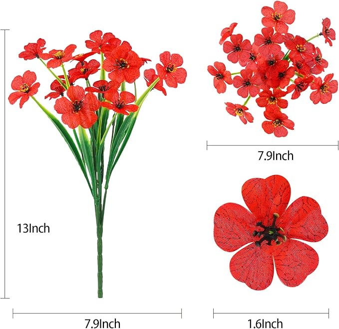 MACTING 12 Bundles Artificial Flowers for Outdoors Fake Flowers UV Resistant Faux Plastic Plants No Fade for Planters Window Patio Porch Garden Home Outside Spring Summer Decorations,Red