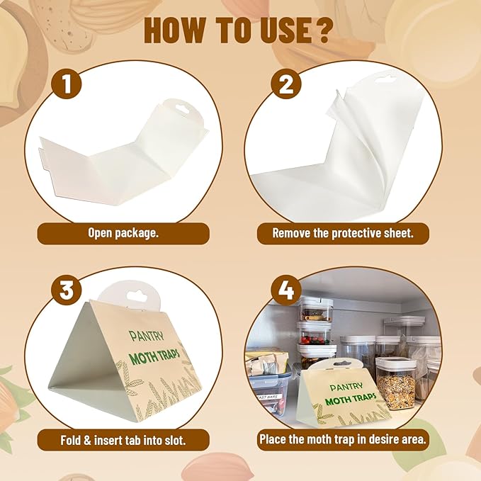 Pantry Moth Trap with Pheromone Attractant 8 Pack, Easy to use Moth Treatment, Odorless/Non-Toxic Strong Sticky Strips for Kitchen and Cupboard