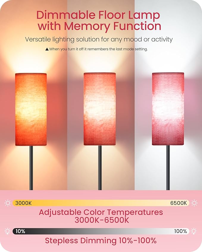 Dimmable Floor Lamps for Living Room with Remote and Foot Switch, 64.4” Modern Standing Tall Lamp, Corner Lamp for Bedroom, Bulb Included, 3000K-6500K, FCC Listed, Sakura Pink and Black CP06LD05W1