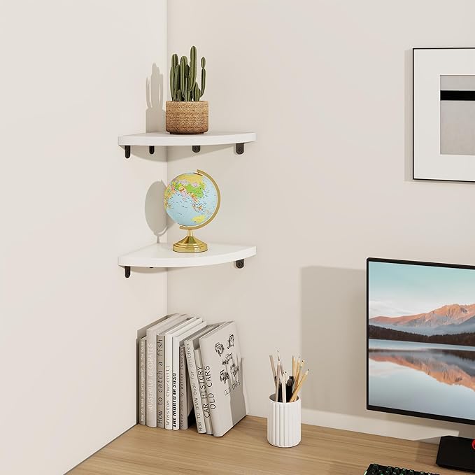 Fun Memories Corner Shelf Wall Mount, Solid Oak Wood Floating Corner Shelves with Cable Hole, 7in Rustic Design for Bedroom, Bathroom, Kitchen, Living Room (White, 1 Pack)