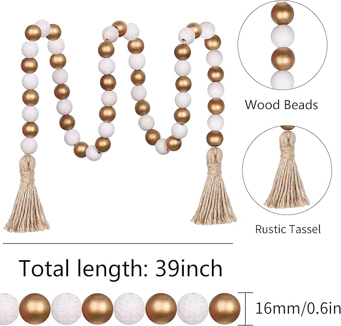 Meplait Wood Bead Garland,39in Farmhouse Beads with Tassels Boho Beads for Tiered Tray Decorative Beads Home Decor（Gold & Wash White）