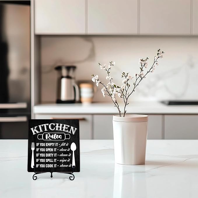 DETIHO Funny Kitchen Decor, Rustic Kitchen Decorations Wood Sign with Iron Stand, Black Wooden Box Sign for Home Dining Room - G05