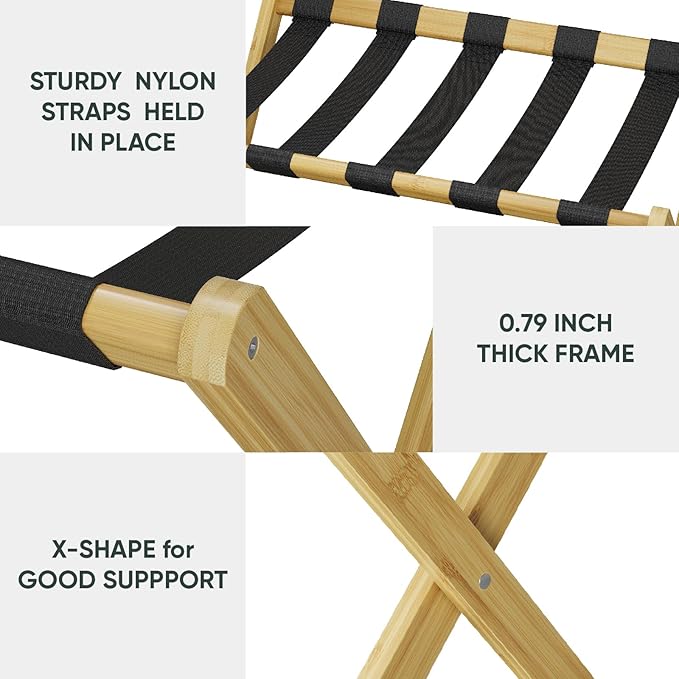 Luggage Rack, Folding Luggage Rack for Guest Room, Bamboo Suitcase Stand Holds up to 131 lb, Luggage Stand with Storage Shelf for Hotel, Bedroom (1 Pack)
