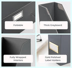 BLU MONACO | Set of 6 Foldable Grey Magazine File Holders with Gold Label Holders | Vertical File Organizer Boxes for Desk, Bookshelf & Home Office Storage