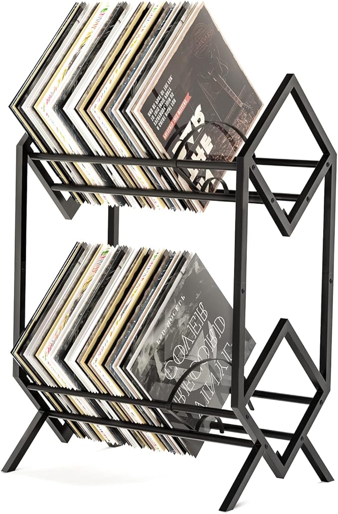 RUILALIFE 2-Tier-Vinyl-Record-Storage-Holder With Dividers, 200 LPs Albums Storage Rack Shelf, Steel Music Records Display Shelf Organizer For Book, Magazine, Files