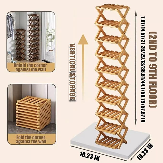 The 9-Tier No-Assembly Bamboo Rack, 2-9 Tier Folding Shoe Storage Rack, Space-Saving Organizer for Shoes, No Assembly Narrow Shoe Shelf for Entryway Closet Dorm (Brown, 2 Tier)