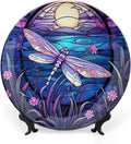 Decorative Plates for Home Decor, Bright Color Dragonfly Purple Stained Glass Print Decor Tray for Table Display, Ceramic Dinner Plate W/ Stand, Living Room Decor, Gifts for Dragonfly Lover, 6 Inch