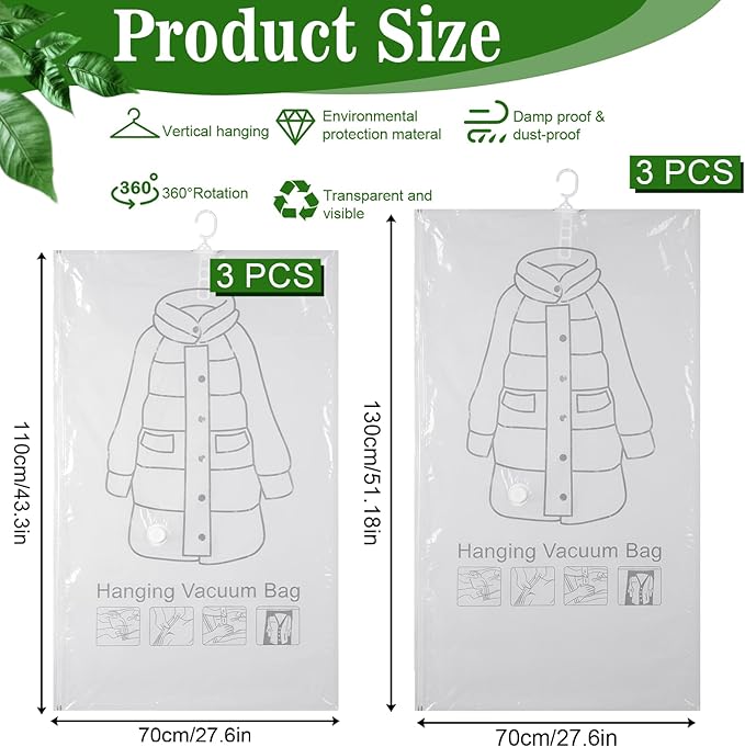 6 Pack Hanging Vacuum Storage Bag, 2 Sizes: 51.2 x 27.6 inch & 43.3 x 27.6 inch Hanging Vacuum Sealer Storage Space Saver Bags, Reusable Space Saver Bags, for Suits, Dress, Jackets, Clear