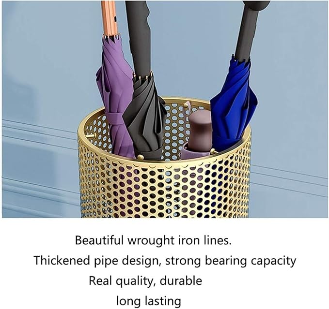 Umbrella Stands Hollowed-out Metal Umbrella Holder with Hooks,Umbrella Rack Modern Round Outdoor Hallway Entryway Umbrella Stand Rack (Color : Gold, Size : 50cm)