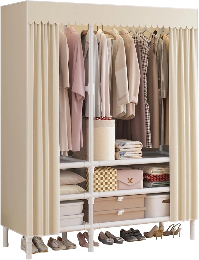 Portable Closet,Garment Rack,Heavy Duty Clothes Rack with Cover,Wardrobe Closet with 2 Hanging Rods, 6 Storage Shelves,43.3" L x 17.7" W x 67.7" H,Pale Yellow