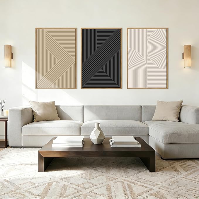 Large Neutral Abstract Wall Art Framed Mid Century Modern Canvas Paintings Artwork Geometric Wall Decor Modern Abstract Artwork Minimalist Art Prints Boho Home Decor for Living Room Bedroom Bathroom Office 36x24 Inch Set of 3