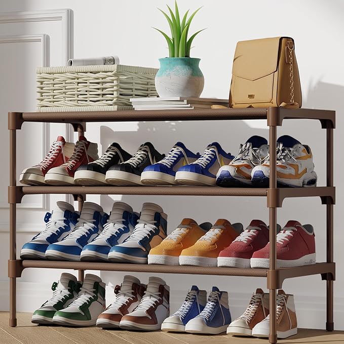 Kitsure Shoe Rack - Non-Woven Shoe Rack Shelf, Shoe Organizer for Closet, Entryway, Garage & Corridor, Stackable Shoe Shelves, 27.5" Wide - 3 Tier, Brown