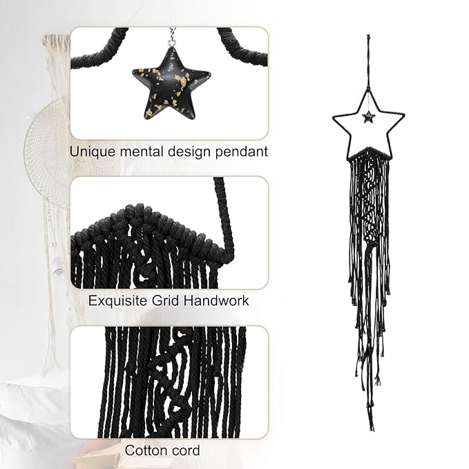 MECCANIXITY Macrame Dream Catchers, Black Handmade Star Design Woven Cotton Dream Catcher Wall Hanging for Home Bedroom Decoration Ornament Craft Gift