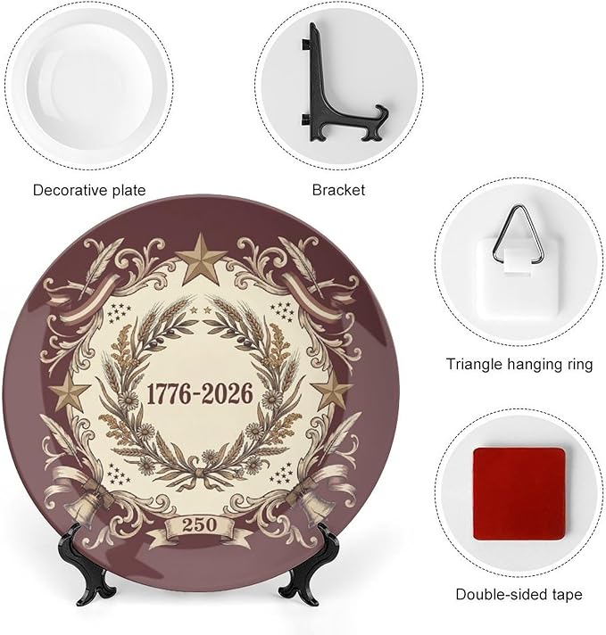 250th Anniversary Decorative Plates 8 Inch Vintage Patriotic Decorations Commemorative Plates with Stand Independence Day 4th of July Semiquincentennial Home & Office Decor