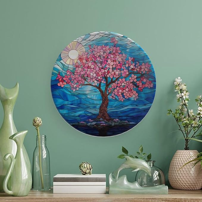 Stained Glass Theme Decorative Ceramic Plate Round Porcelain Plate,8 inch,Cherry Tree Pattern,for Decorative Ornaments Giving Plates, 1 Plate with 1 Display Stand,Blue Pink