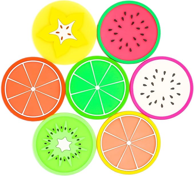 DomeStar Fruit Coaster, 7PCS 3.5" Non Slip Car Coaster Heat Insulation Colorful Unique Slice Silicone Drink Cup Mat for Drinks Prevent Furniture and Tabletop Car Decor