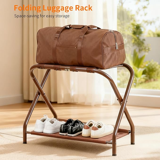 Heybly Luggage Rack for Guest Room, Steel Folding Suitcase Stand with Storage Shelf for Bedroom, Hotel, Foldable Steel Frame, Guest Room Bedroom Hotel, 22.8" L x 11.8" W x 20.9" H, Gray HLR004G1