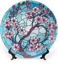 Stained Glass Theme Decorative Ceramic Plate Round Porcelain Plate,6 inch,Cherry Tree Pattern,for Decorative Ornaments Giving Plates, 1 Plate with 1 Display Stand,Blue Pink