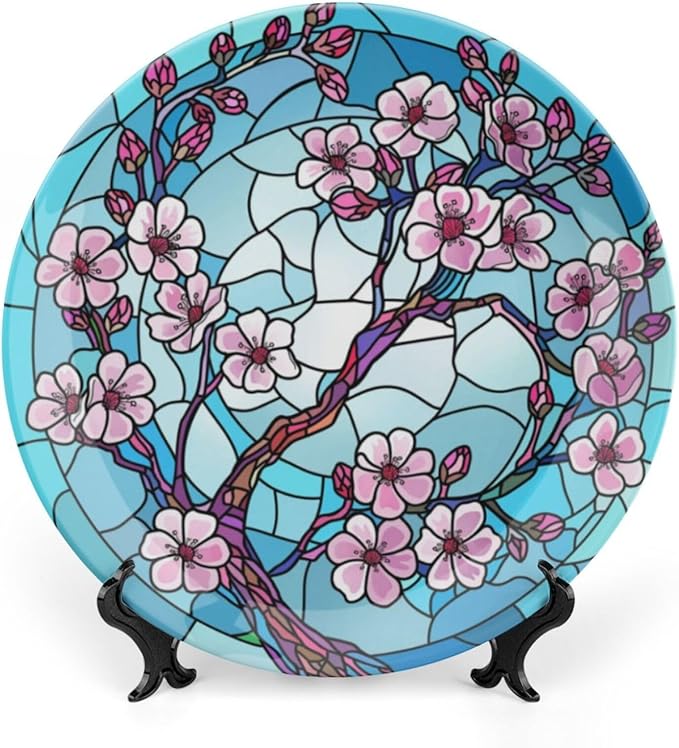 Stained Glass Theme Decorative Ceramic Plate Round Porcelain Plate,7 inch,Cherry Tree Pattern,for Decorative Ornaments Giving Plates, 1 Plate with 1 Display Stand,Blue Pink