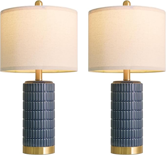 PoKat 21.5'' Bedside Table Lamps Set of 2 with USB A+C Ports for Living Room, Ceramic Modern Lamps for Bedroom, Small Nightstand Lamps for Office Guest Room Hallway Sideboard Gift Decor (Blue)