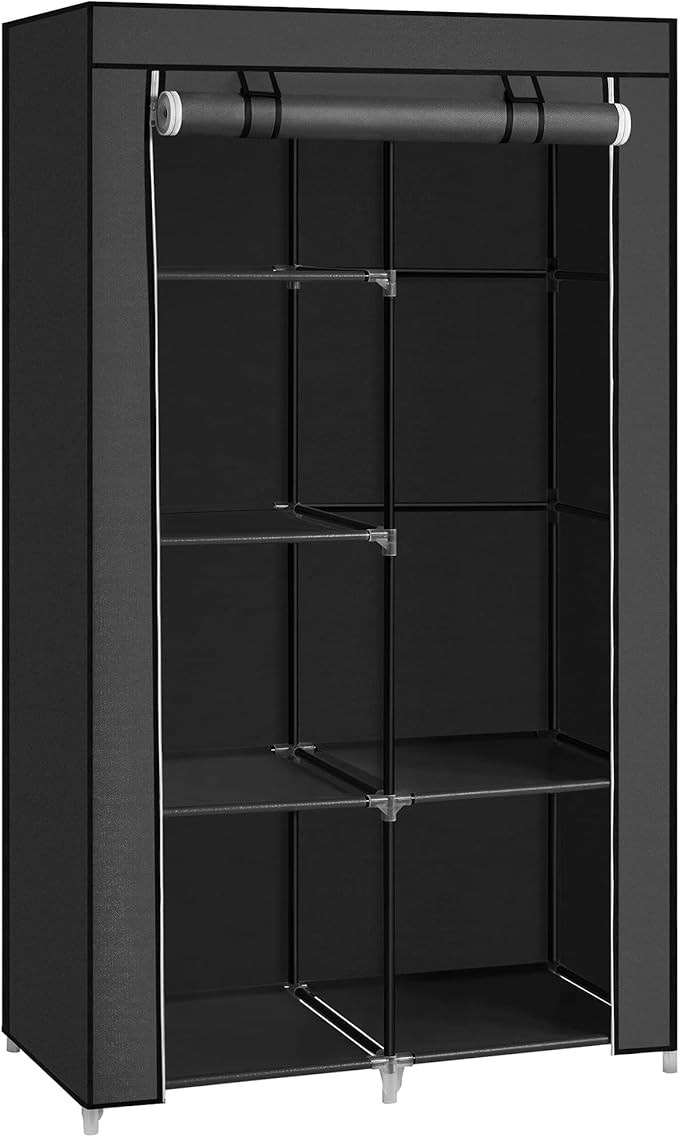 SONGMICS Portable Closet, Fabric Wardrobe, Clothes Rack with Shelves, Pockets, Large Capacity, 1 Hanging Rod, 34.6 x 17.7 x 66.1 Inches, Ink Black URYG84BK