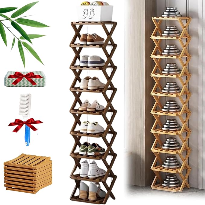 The 9-Tier No-Assembly Bamboo Rack, Foldable Stackable 9 Tier Bamboo Shoe Rack Vertical Storage Sturdy & Stable, Tall Narrow Space-Saving Expandable Shoe Rack for Entryway Closet Dorm (Brown,9 Tiers)