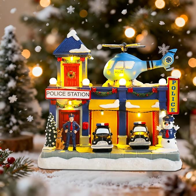 WONDER GARDEN Christmas Village Houses-Christmas Houses Village - Lighted Musical Police Station Collectible Buildings with Moving Car and Helicopter for Home Indoor Decor or Gift
