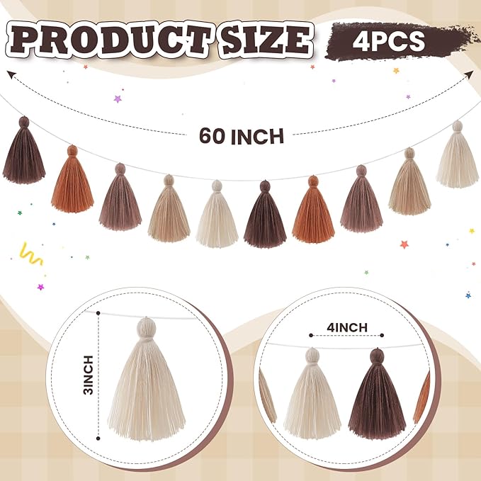 WILLBOND 4 Pieces Valentine's Day Tassel Garland for Classroom Wall Decor Boho Pastel Garland Cotton Tassel Banners for Party School(3.1 Inch,Brown Colors)