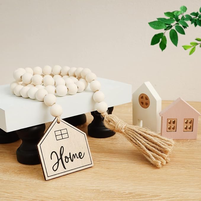 Meplait Home Wooden Bead Garland with Tassel, Decorative Beads Home Decor Farmhouse Tassel Garland Boho Decor for Tiered Tray（38in）