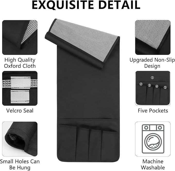 Non-slip Couch Organizer Armchair Caddy, Oxford TV Remote Control Holder Bedside Caddy with 5 Pockets for Key Glasses Phone Magazine Holders.