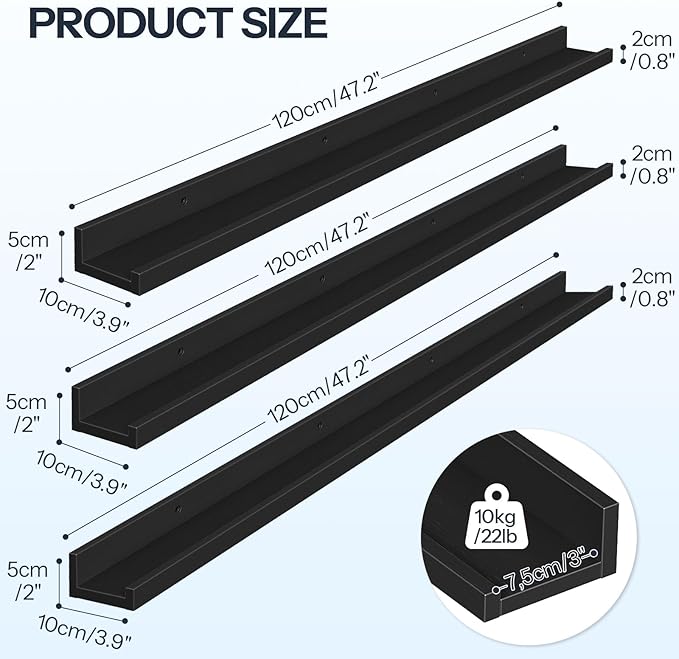 HOOBRO Floating Shelves, Wall Shelf Set of 3, 47.2 Inches Hanging Shelf with Raised Edge and Invisible Brackets, for Bathroom, Bedroom, Kitchen, Office, Living Room Decor, Black BK92BJ01