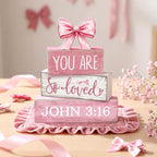 Lineshading 4 Pcs Pink Bow Decor Christian Table Decor Wooden Block Signs Set "you Are So Loved John 3: 16” Inspirational Bible Verse Quotes Coquette Bow Centerpieces for Home Office Shelf Decorations