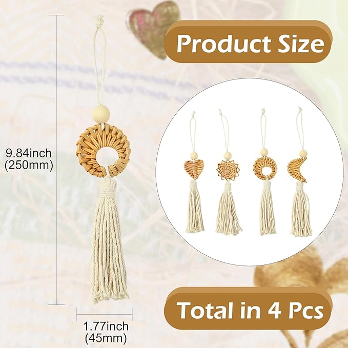 LiQunSweet Handmade Rattan Weave Cotton Rope Tassel, 4Pcs, 25x4.5cm, for Bag Charms, Keychains, Home Decor & Craft Projects