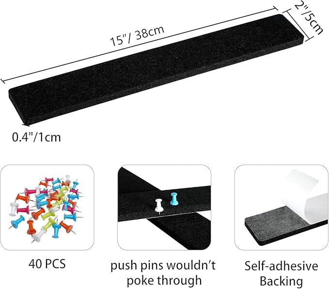 Cork Board for Walls - 8 Pack Felt Pin Board Bar Strips - Self-Adhesive Lightweight Bulletin Board - Cork Board for Office with 40 Push Pins No Damage for Wall (Black)