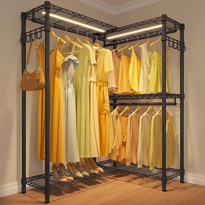 VIPEK L4L Portable Closet with Dimmable LED Lights, L Shaped Clothes Rack for Corner Space-Saving Storage, 3 Hanger rods for Hanging Heavy Duty Coats, Max Load 810LBS, Black