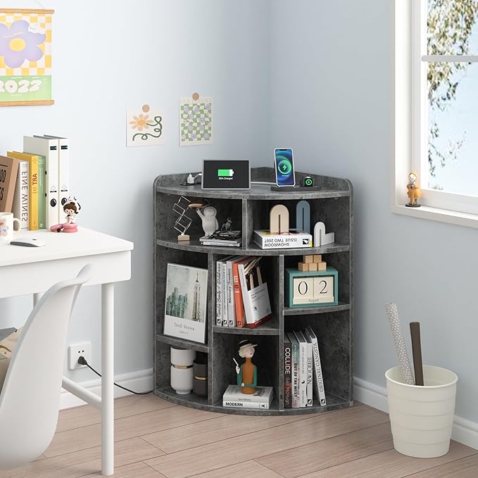 VECELO Corner Cube Shelf with USB Ports & Outlets, Modern Corner Toy Storage Rack with Adjustable Shlef, Wooden Display Bookshelf Bookcase for Living Room, Bedroom, Dining Room, Kitchen, Gray