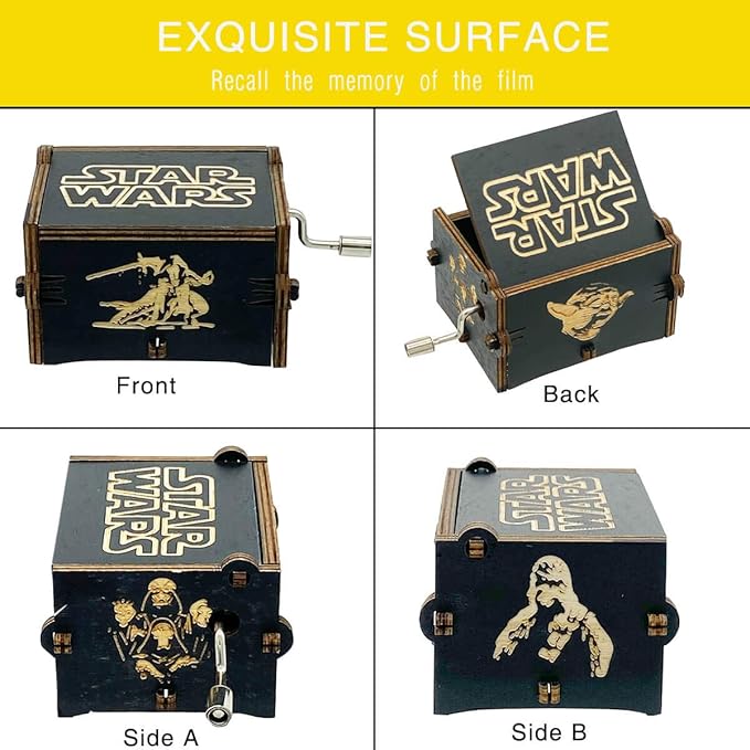 MAD DI Music Box, Wooden Hand Crank Unique Musical Boxes Theme Starwars, Mini Antique Vintage Craft Laser Engraved Home Decorations for Christmas, Wedding, Valentines, Birthday Gifts(Black)