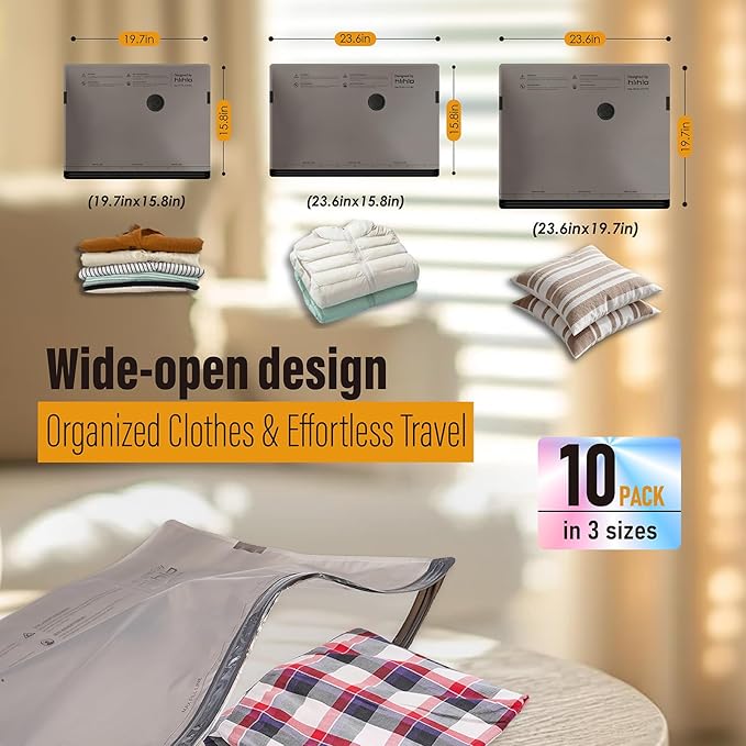 Rechargeable Wireless Pump Travel Vacuum Bags, 10 Pack Portable Storage Bags for Travel and Home, Compression Packing Seal for Clothing, Clothes, Blankets, Luggage, Suitcase