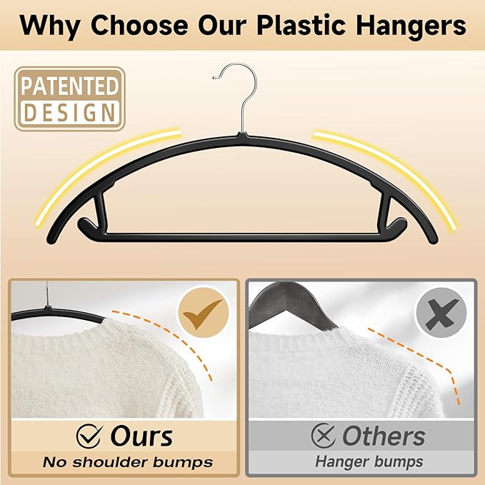 MIZGI Premium Plastic Hangers (Pack of 50) Heavyduty- Black No Shoulder Bump Suit Hangers - Space Saving Clothes,Rounded Hanger for Coat,Sweater,Jackets,Pants