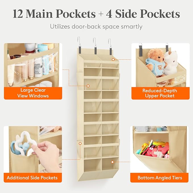 Lifewit 1 Pack Over the Door Organizer, Clear Window Hanging Storage with 4 Side Pockets, Anti Tilt 40 lbs Load Behind Door for Pantry, Nursery, Bathroom, Bedroom, Dorm, 12 Section, Beige