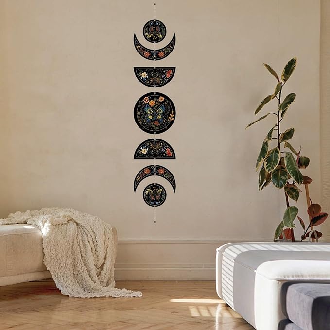 CREATCABIN 7Pcs Butterfly Flower Moon Ornaments Half Round Wood Pendant Moon Cycle Wall Hanging Wooden Moon Phase Home Boho Decor Supplies for Bedroom Farmhouse Gallery Apartment Bar 37.1x6.3in