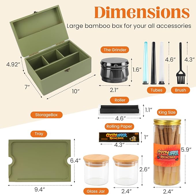 Large Bamboo Storage Box with Removable Tray Kit - Decorative Box Set, Glass Jars, and Accessories Wooden Storage Kit and Accessories Tool.Birthday Gifts